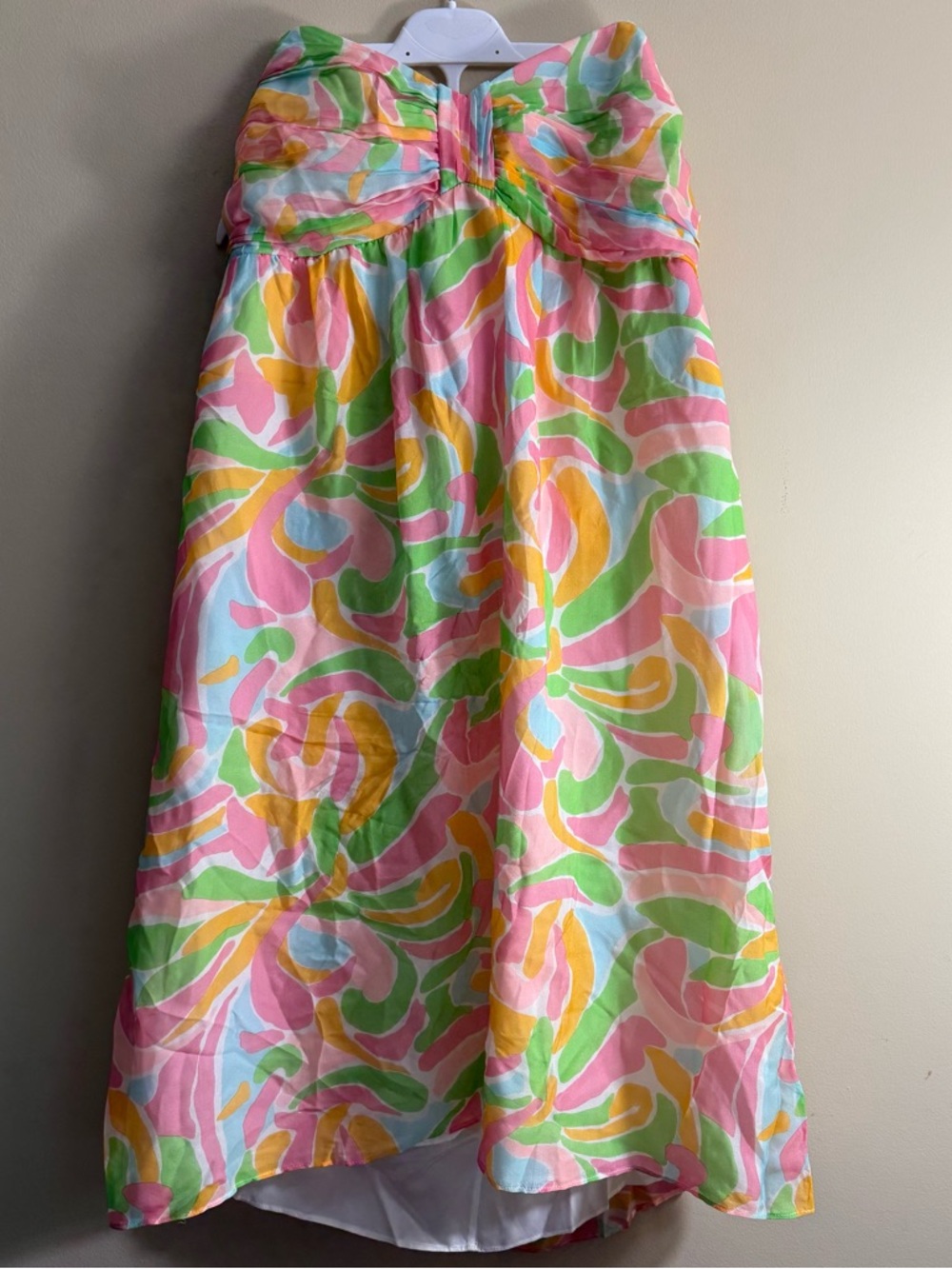 Shoshanna Strapless Silk Dress in Pink Green Yellow Blue Swirl